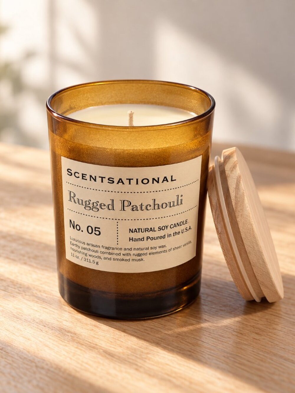 Scentsational Rugged Patchouli Soy Candle Amber Glass Jar 11 oz NWT